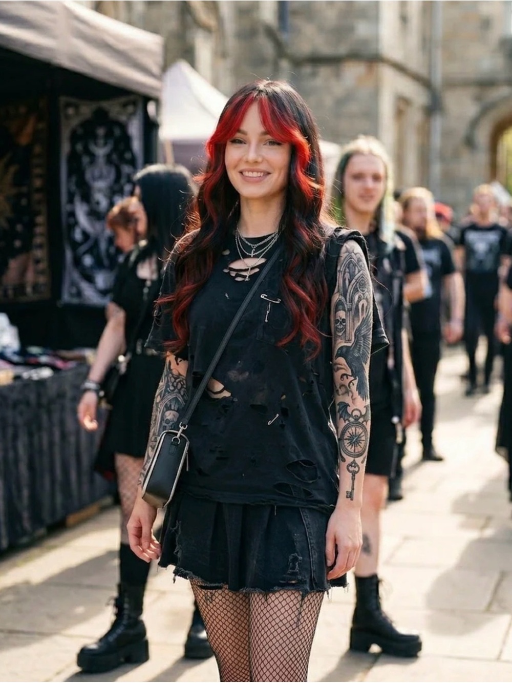 Black and Red Long Wavy Curtain Bang Full Cap Wig